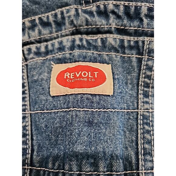 REVOLT Jeans Bib Overalls Carpenter Blue Denim Sz Junior Medium Stripe Accent0 - Picture 7 of 10